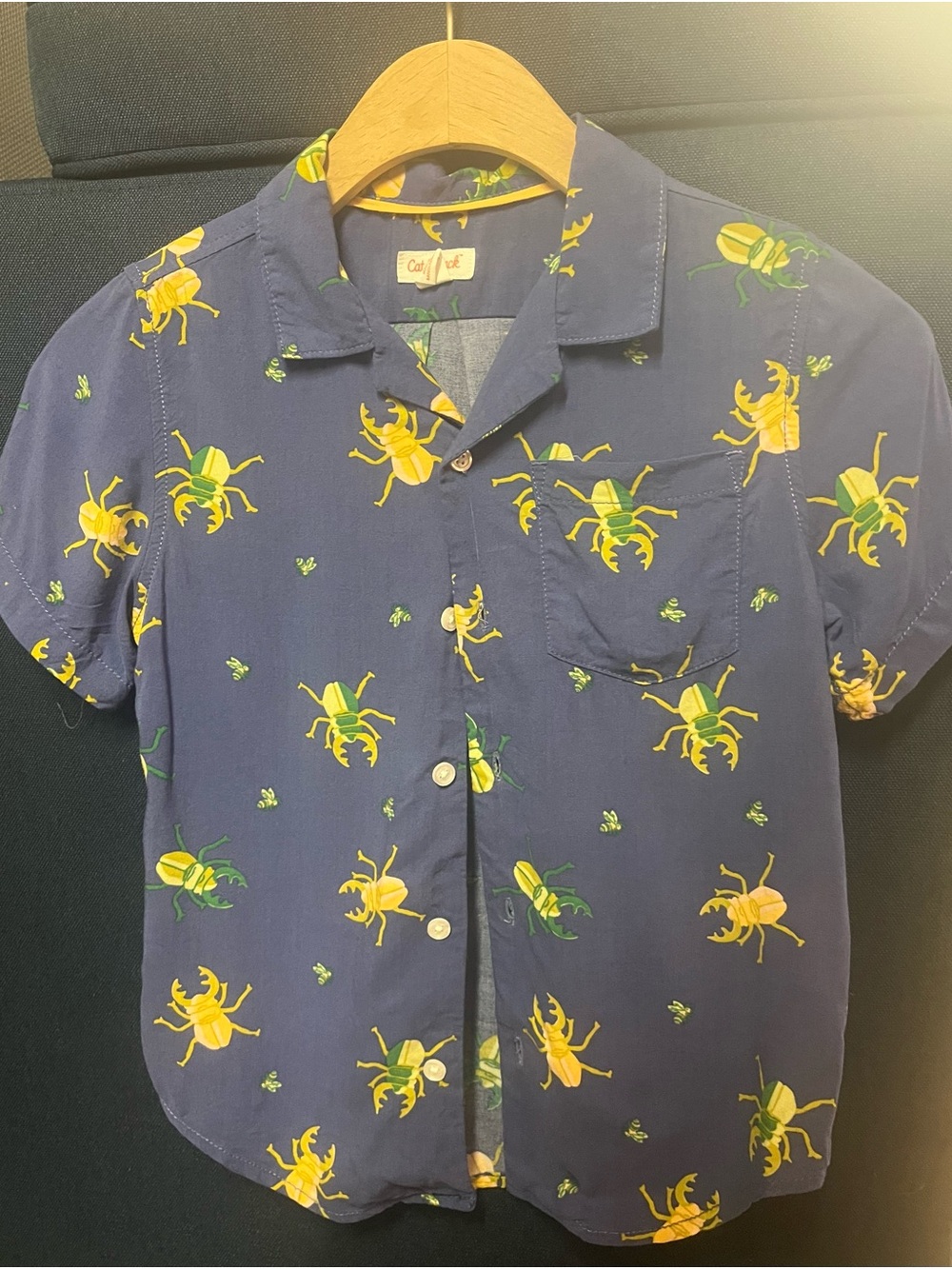 Cat & Jack Navy Blue Button-Down Shirt with Yellow & Green Beetle Print